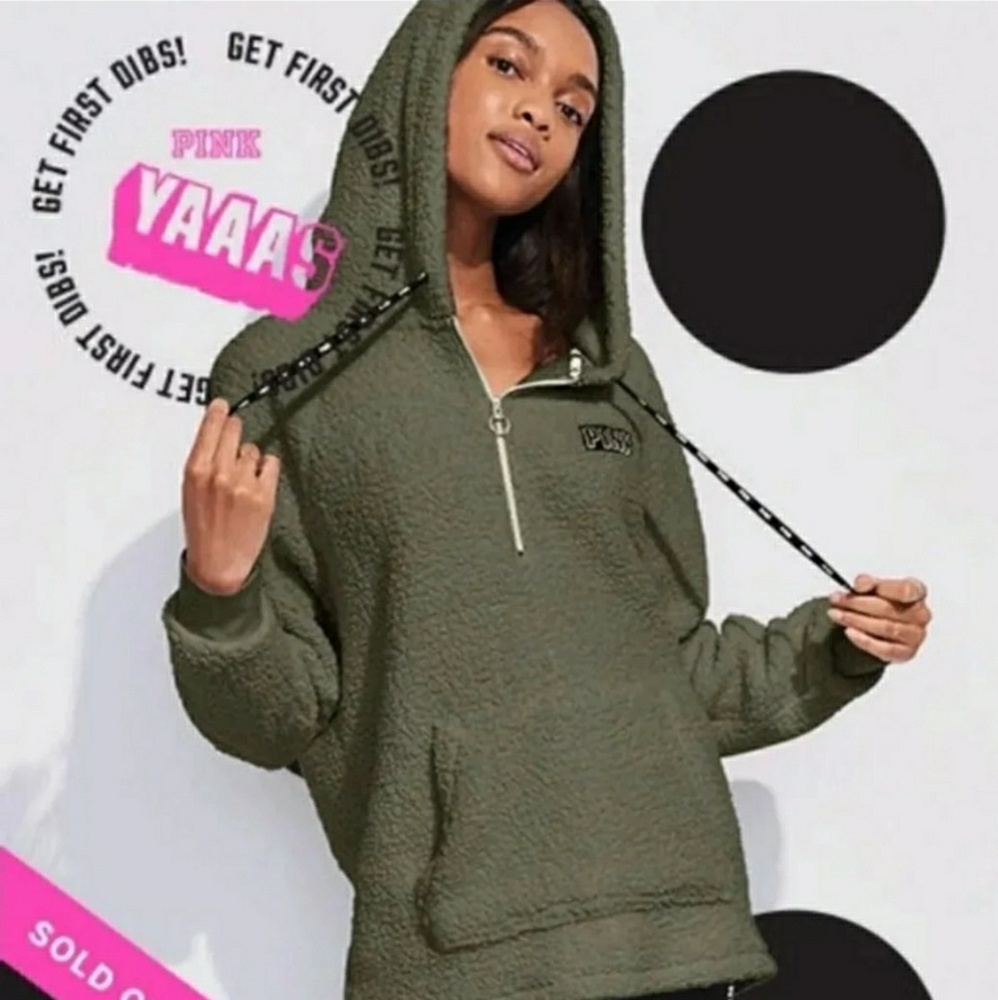 NWT VS PINK Sherpa Hoodie olive green Medium M